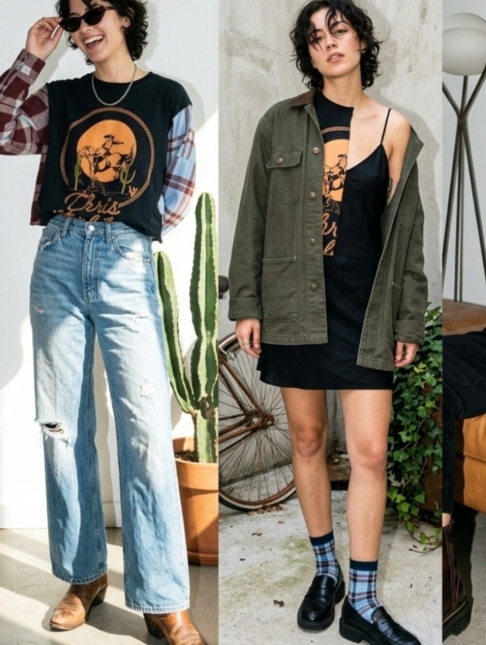 Upcycled Cropped Black Graphic Tee with Plaid Sleeve Contrast - Western Print - Picture 10 of 10